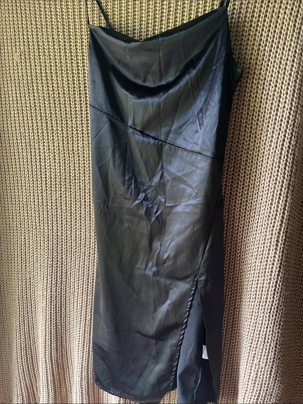 Black Satin Slip Dress with Side Slit - Women